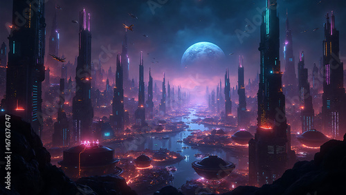 Epic alien city landscape with glowing river and futuristic architecture, fantasy sci-fi planet background