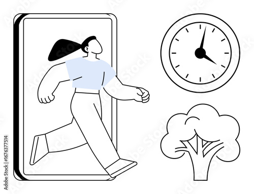 Woman walking out of a smartphone, a clock signifying time, and a tree representing nature. Ideal for themes digital detox, work-life balance, escapism, self-care, time management, personal growth