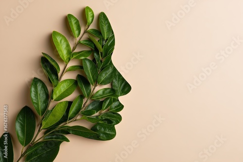 Green leaves frame a woman's profile