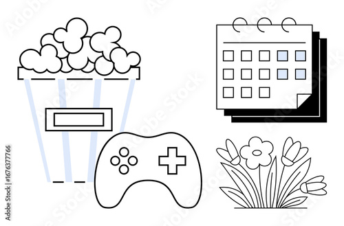 Popcorn bucket, game controller, flowers, and calendar icon highlight fun, relaxation, and event planning. Ideal for entertainment, gaming scheduling leisure nature hobbies lifestyle. A simple
