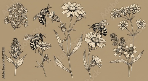 Vintage botanical sketch collection featuring bees pollinating various wildflowers and herbs on a craft paper background