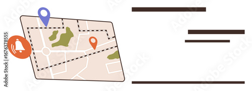 Map with location pins, dotted route, surrounding landmarks, and notification alert icon. Ideal for navigation, location tracking, GPS services, travel, planning communication user interface