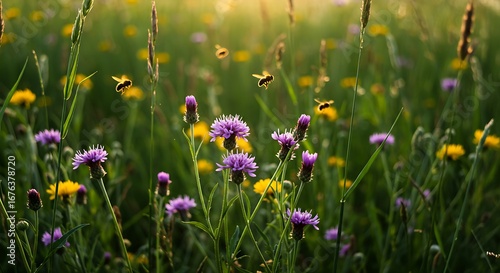 Vibrant summer meadow at sunset with blooming purple knapweed, yellow wildflowers, and buzzing bees in the soft golden light