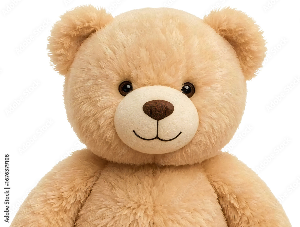 Fototapeta premium Smiling beige teddy bear, close-up, studio, white background, gift