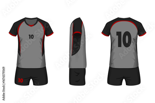 Volleyball jersey mockup grey, black and red colors with front, side and back view.