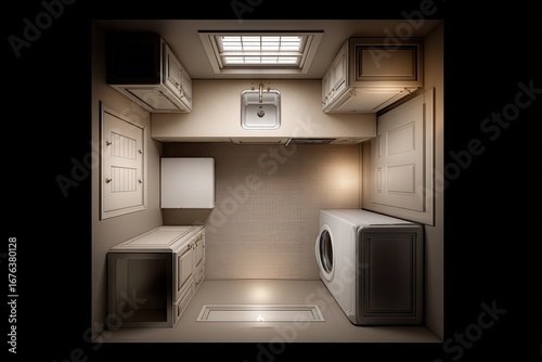 Small, beige laundry room, top-down view