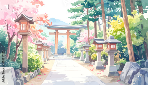 Traditional Japanese shrine path with torii gate and cherry blossoms.