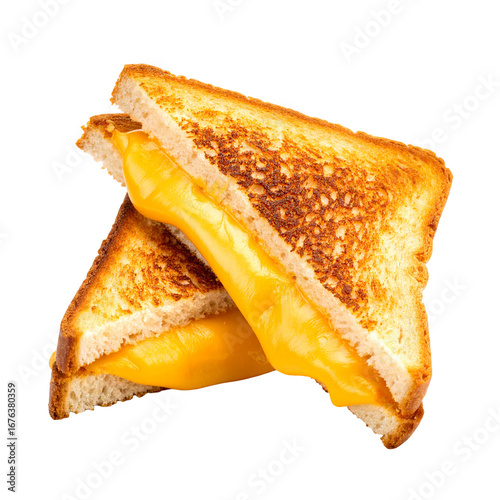 Two toasted cheese sandwiches isolated against transparent background