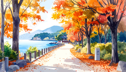 Autumn Path Leading to Serene Waters and Distant Mountains.