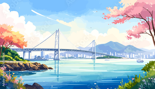 Scenic Suspension Bridge Over Calm Water with Cherry Blossom Trees.