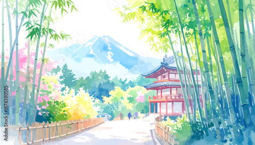 Watercolor painting of Japanese pagoda in bamboo forest with mountain backdrop.