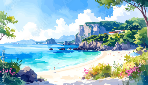 Stunning coastal beach with turquoise waters and cliffs.