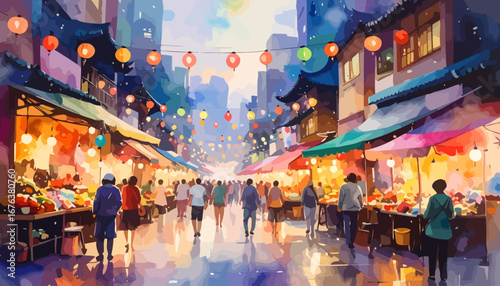 Vibrant Asian Street Market Scene with Shoppers and Lanterns.