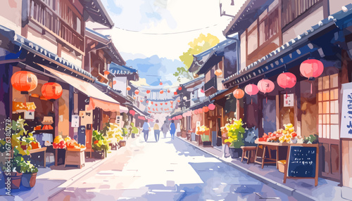 Traditional Japanese Street Scene with Shops and Lanterns.