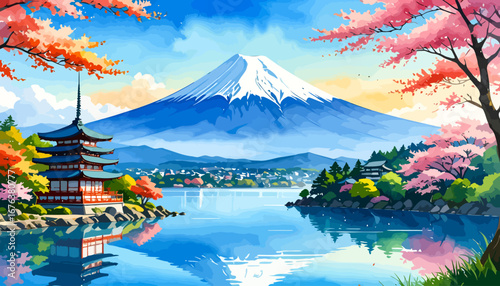 Japanese Mountain Landscape with Lake and Cherry Blossoms.
