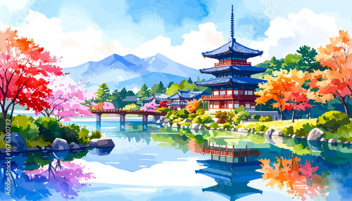 Traditional Japanese Pagoda Temple with Cherry Blossoms and Reflecting Pond.