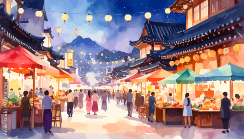 People shopping and interacting at a bustling night market.