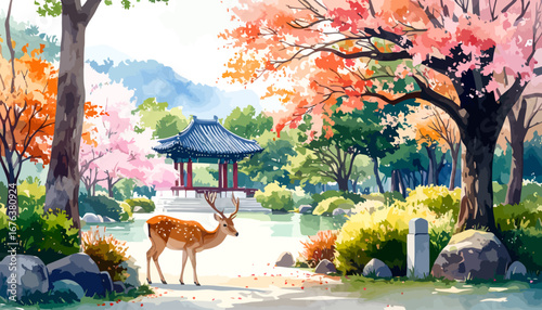 A graceful deer stands in a serene Japanese garden during cherry blossom season.