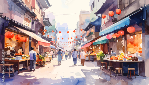 Bustling Asian street market scene with vibrant red lanterns and shoppers.