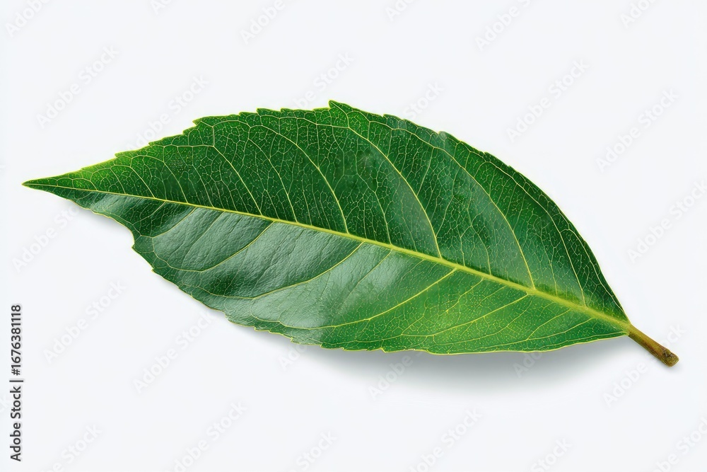 Fototapeta premium Single vibrant green leaf, top view, isolated on white