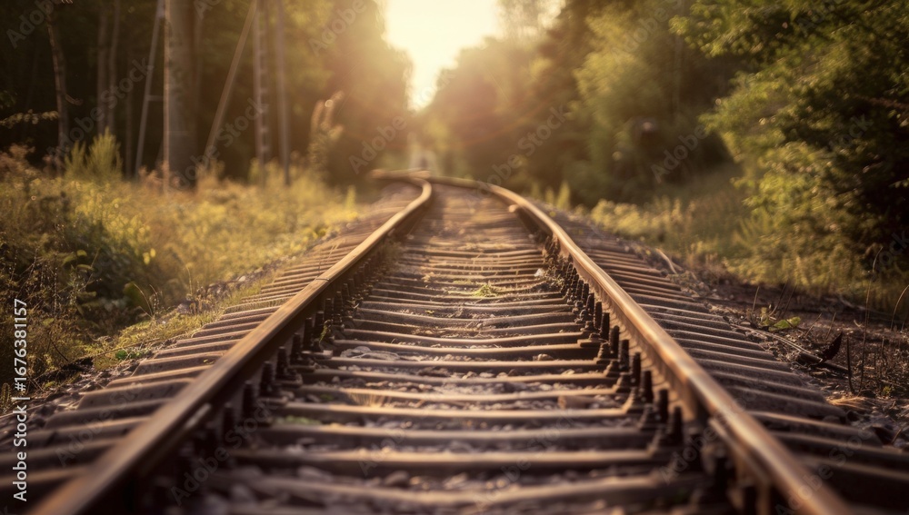 Fototapeta premium Sunlit railway track through forest