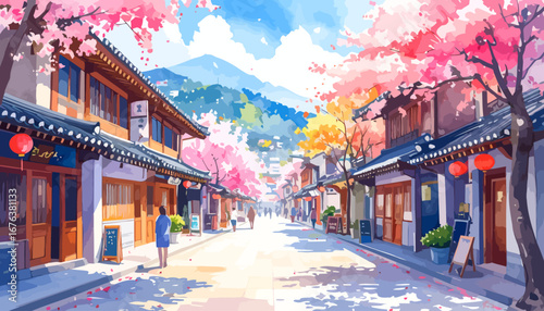 Charming Japanese Street Lined with Cherry Blossoms and Traditional Buildings.