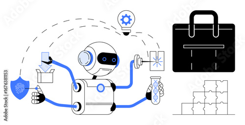Robot performing tasks with a briefcase, puzzle pieces, shield, lab test tube, download icon, and lightbulb gear. Ideal for AI, tech innovation, automation science problem-solving business