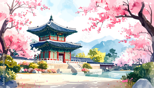 Korean Pagoda in Spring - A Watercolor Cherry Blossom Scene.