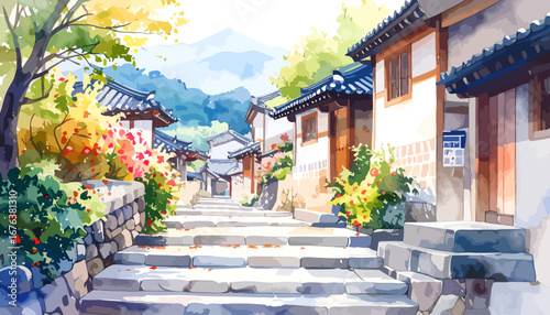Stone Steps Ascending to Traditional Asian Houses.