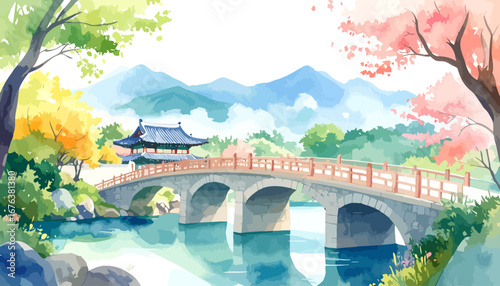 Elegant Stone Arch Bridge Spanning Tranquil Water.