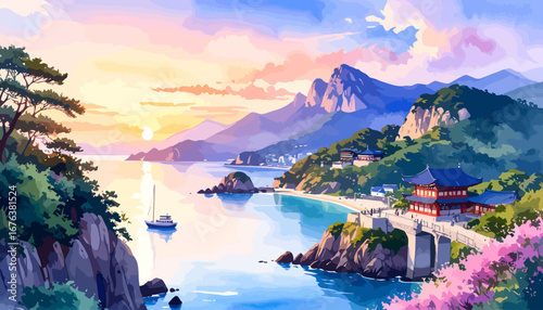 Coastal landscape with boat sailing near mountains and bridge.