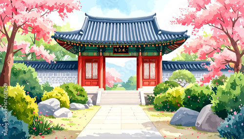Traditional Korean Gate Surrounded by Cherry Blossoms in a Lush Garden.