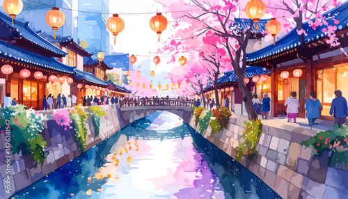 Vibrant Japanese Canal Town with Cherry Blossoms and Lanterns.