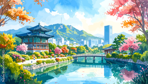 Serene Korean Pavilion by the Lake with Cherry Blossoms.