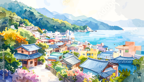 Charming coastal village houses with traditional architecture by the sea in watercolor style.