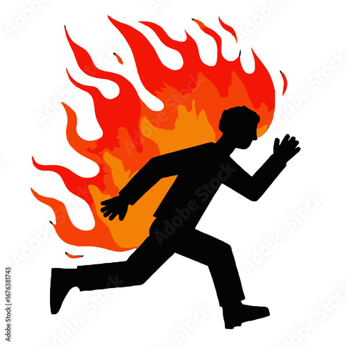 Vector art of silhouette of a man running with flames erupting from his head