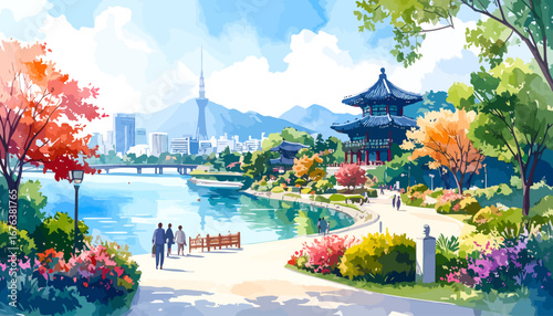Picturesque Korean Park with Pavilion and Calm Water.