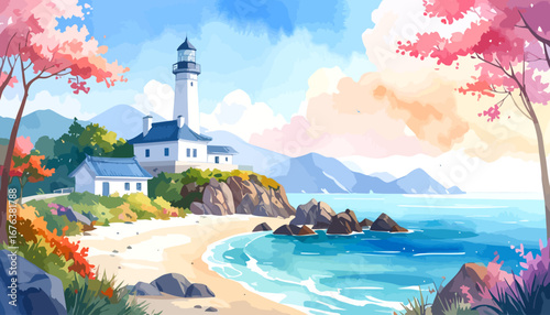 Beautiful Coastal Landscape with Lighthouse.