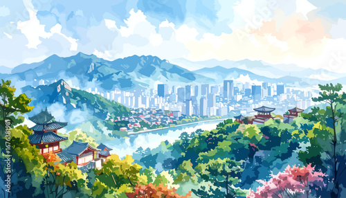 Asian Architecture and Cityscape Watercolor Painting.