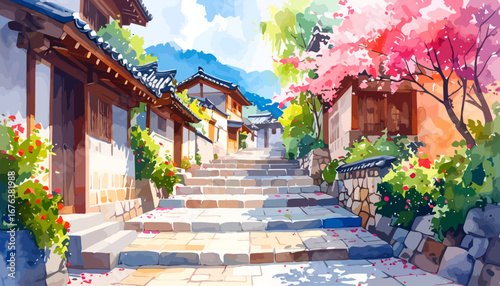 Watercolor painting of a stone staircase leading to traditional buildings.