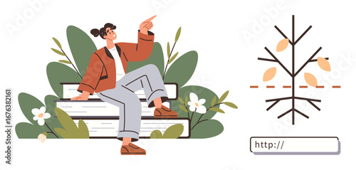 Person sitting on book stack surrounded by greenery, pointing thoughtfully. Nearby, a tree diagram with web address, combining education, growth, and digital innovation. Ideal for learning