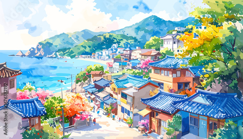Vibrant Watercolor Village Scene with Traditional Korean Architecture and Coastal Views.
