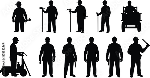 Silhouettes of construction workers with various tools and equipment, professional hard hats, building site, heavy machinery, construction industry icons