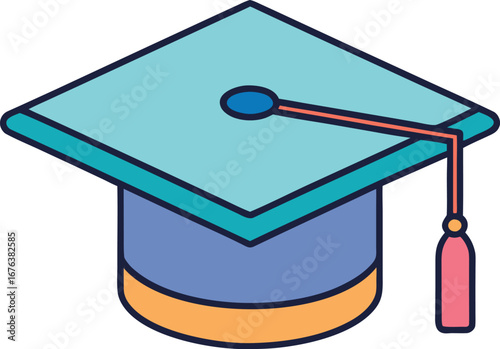 Isometric illustration of a light blue graduation cap with a dark teal brim and coral tassel academic EPS vector file download