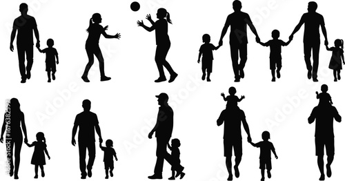 Silhouettes of family activities, bonding moments, parent and child playing, walking, spending time together, love, childhood, fun outdoors