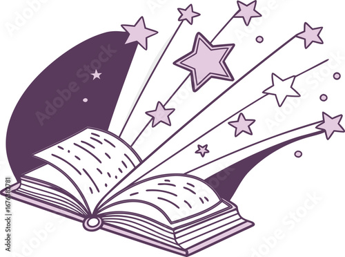 Open Book with Purple Stars and Swirls on a Dark Purple Background magic imagination EPS vector file download