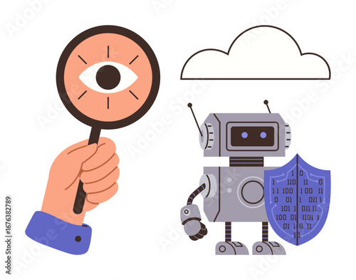 A hand with magnifying glass, robot with binary shield, and cloud signify cybersecurity, AI, data analysis, privacy, technology, network security digital transformation. Ideal for tech innovation