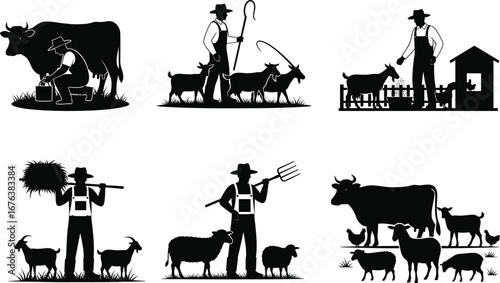 Farmer with livestock, cow milking, goat herding, sheep feeding, rural farm life illustration, agriculture worker silhouettes, barnyard animals vector set