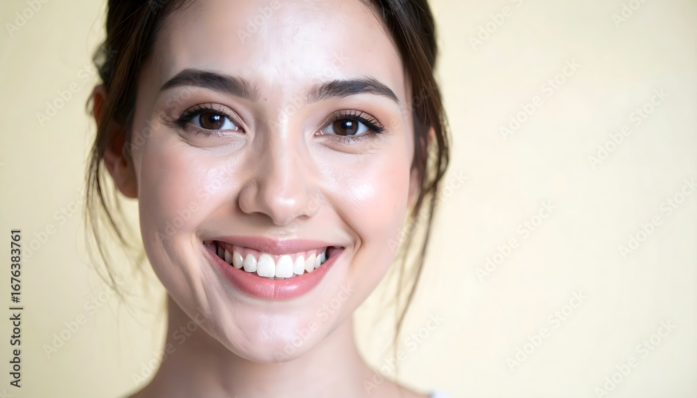 Naklejka premium Bright Young Woman Smiling Confidently with Natural Makeup in Light Background