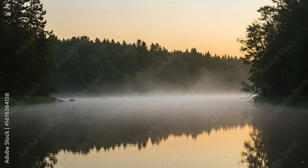 Fototapeta premium Early morning mist over a tranquil lake reflecting trees and sky